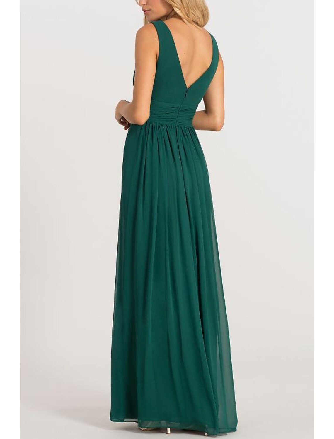 Forest Green Chiffon A-Line Floor-Length with V-Neck & Pleated Bodice, High Slit