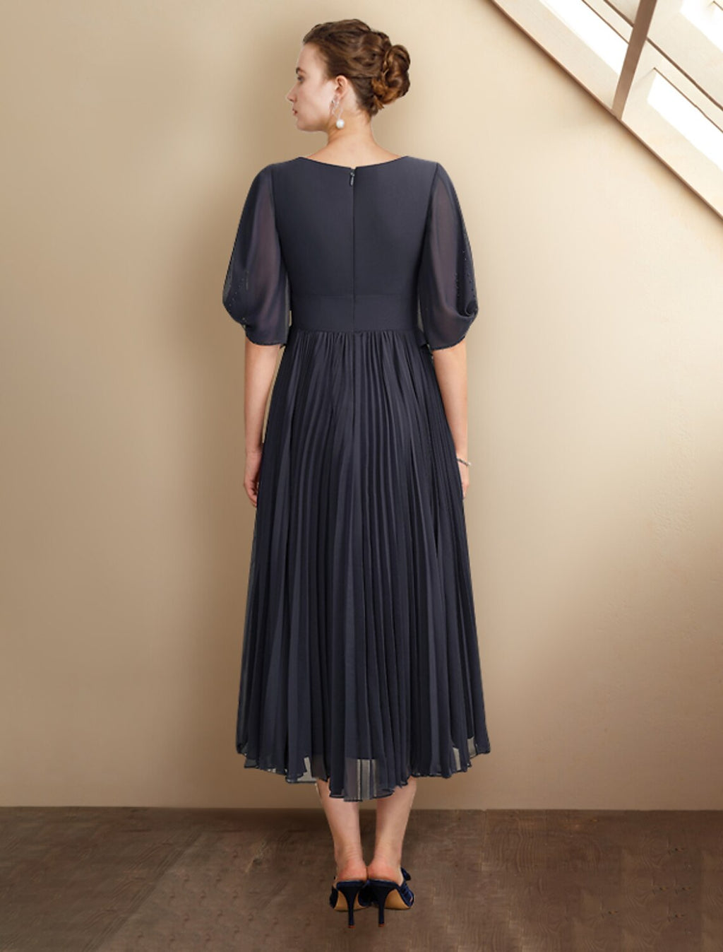 Dark Navy Chiffon V-Neck A-Line Midi Bridesmaid Dress