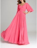 Pink Chiffon A-Line Off-the-Shoulder Floor-Length Evening Dress