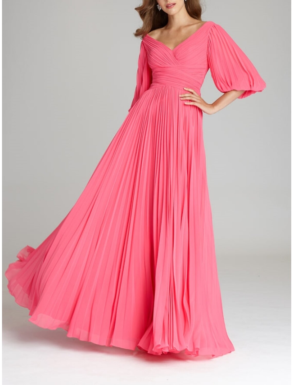 Pink Chiffon A-Line Off-the-Shoulder Floor-Length Evening Dress