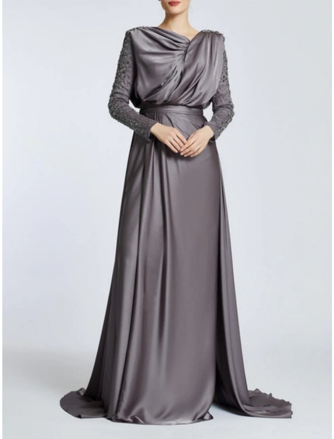 Vestido de noche negro de corte A, vestido elegante de talla grande, vestido formal con cola larga, cuello joya, satén con pliegues y lentejuelas