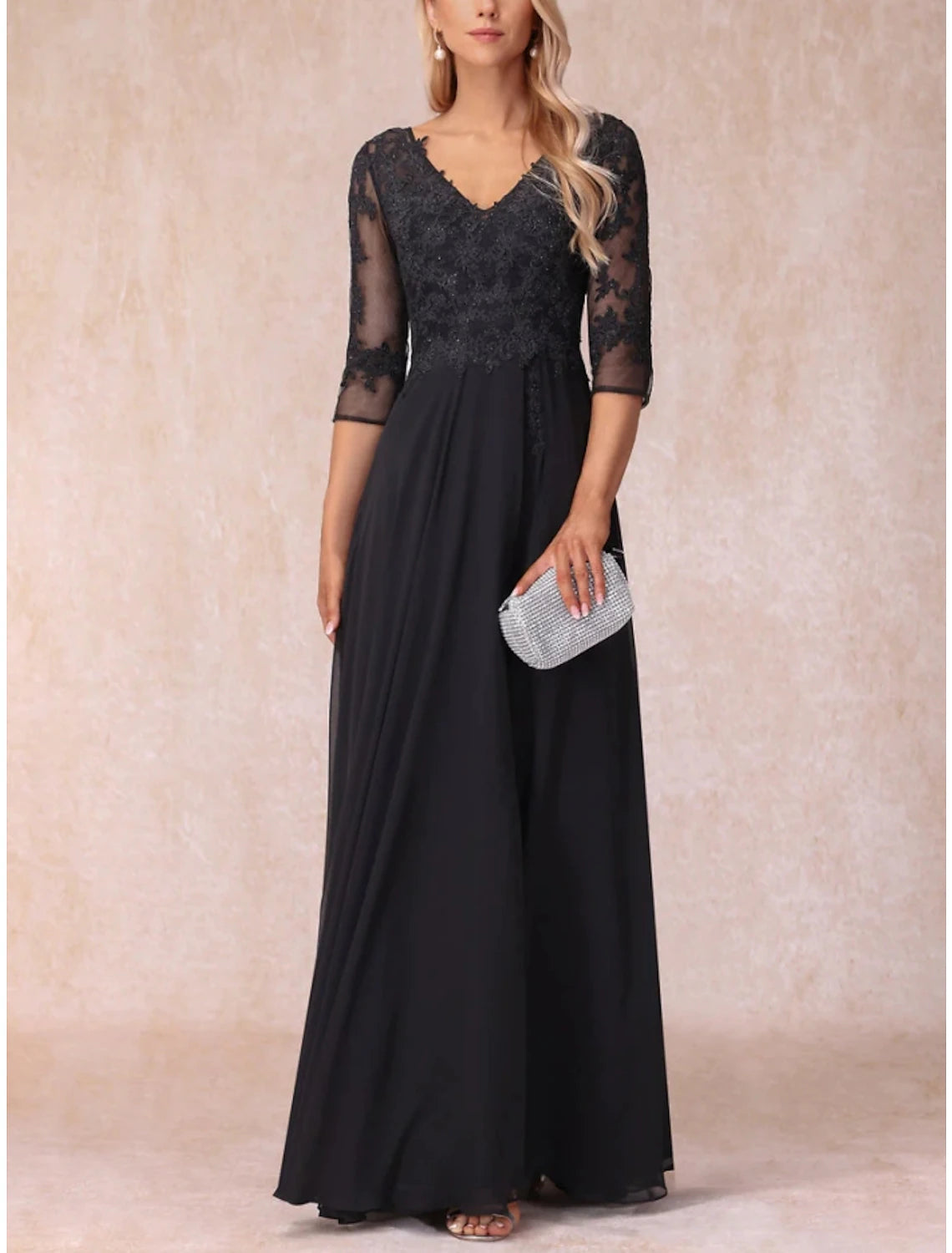 Abito da cerimonia per la madre della sposa, a trapezio, elegante, con scollo a V, lunghezza al pavimento, in chiffon e pizzo, manica a 3/4, con arricciature, tinta unita
