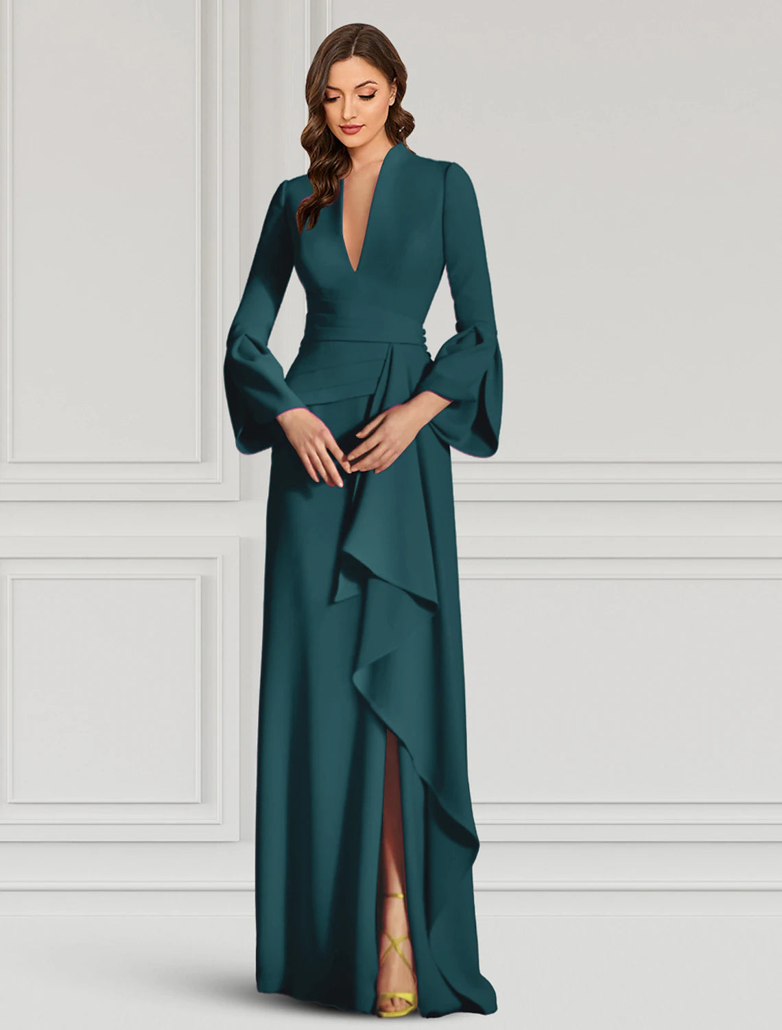 Mulberry Crepe A-Line Floor-Length Evening Dress with Plunging V-Neck and Bell Sleeves