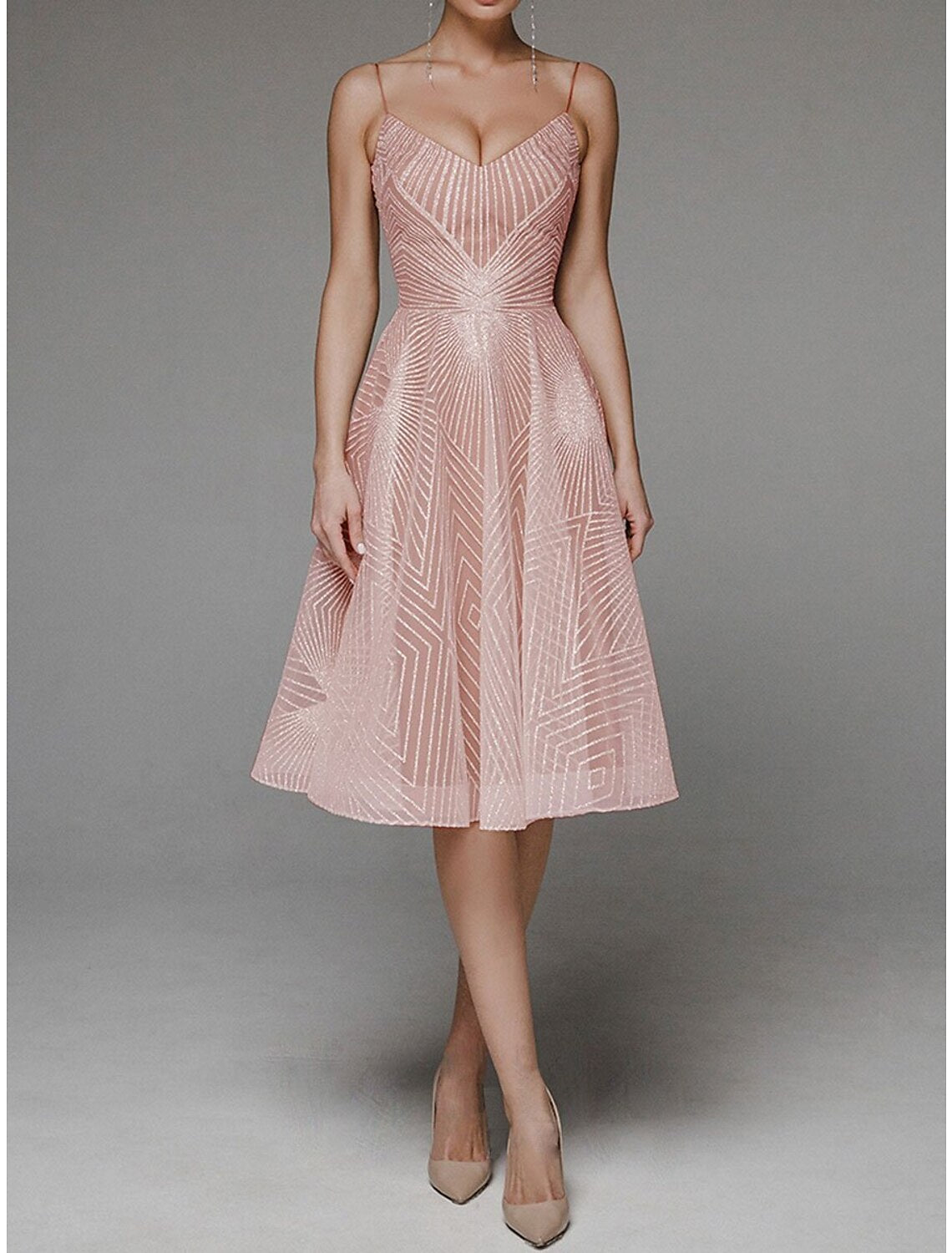 Abiti da ballo a trapezio, abiti floreali, abiti da ospite per matrimoni, lunghezza tè, senza maniche, spalline sottili, in poliestere, senza schienale, con ricami