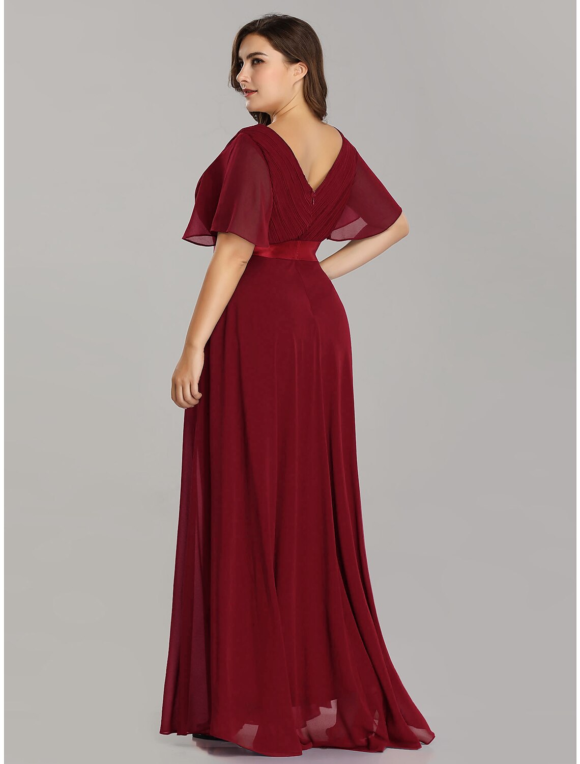 Vestido de madre de la novia de corte A, talla grande, elegante, escote en V, largo hasta el suelo, de gasa, manga corta con faja/cinta fruncida