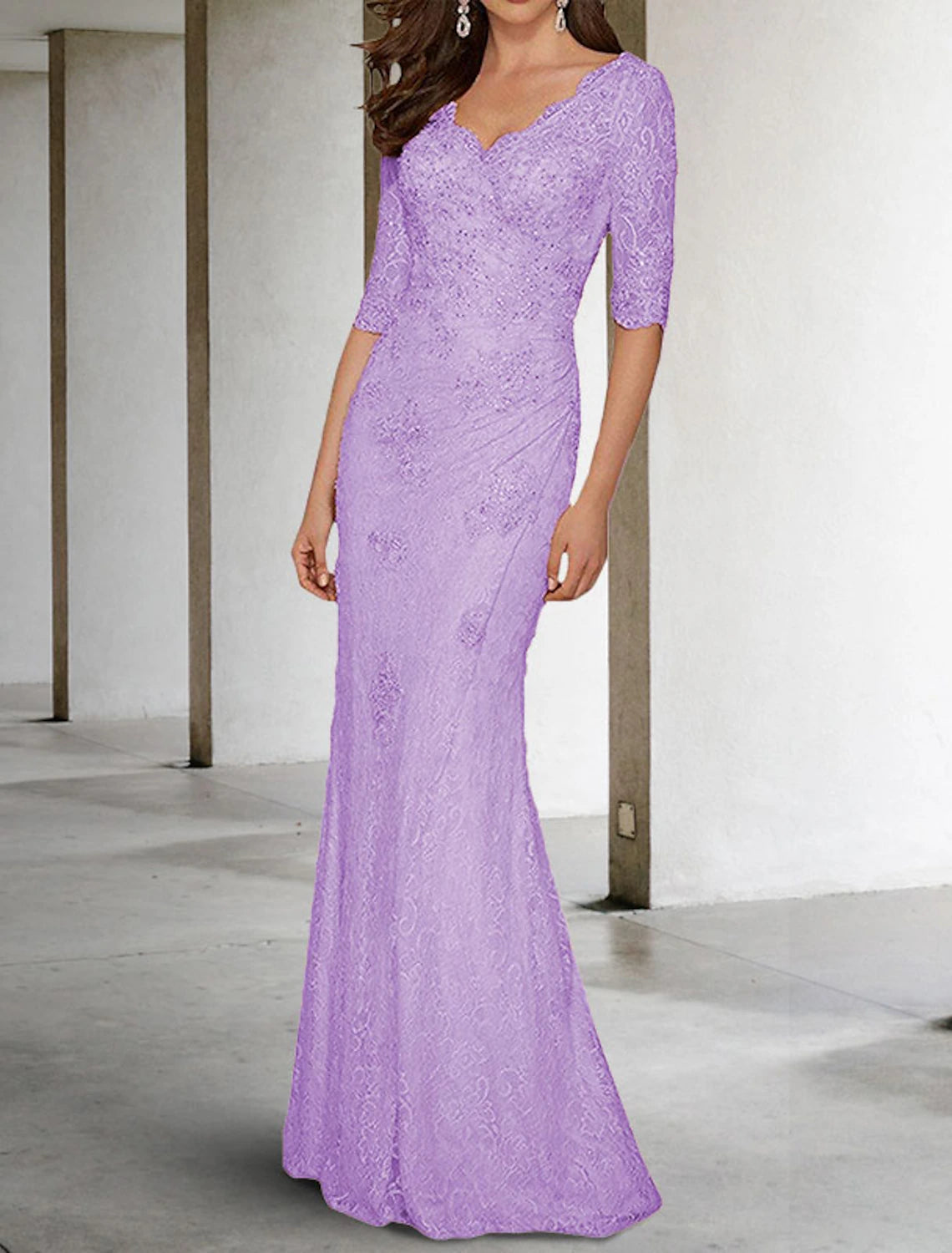 Abito da sposa a sirena/tromba, per la madre della sposa, taglie forti, sexy, scollo a V, strascico a ruota, in chiffon, pizzo, mezza manica con applicazioni in pizzo, autunno