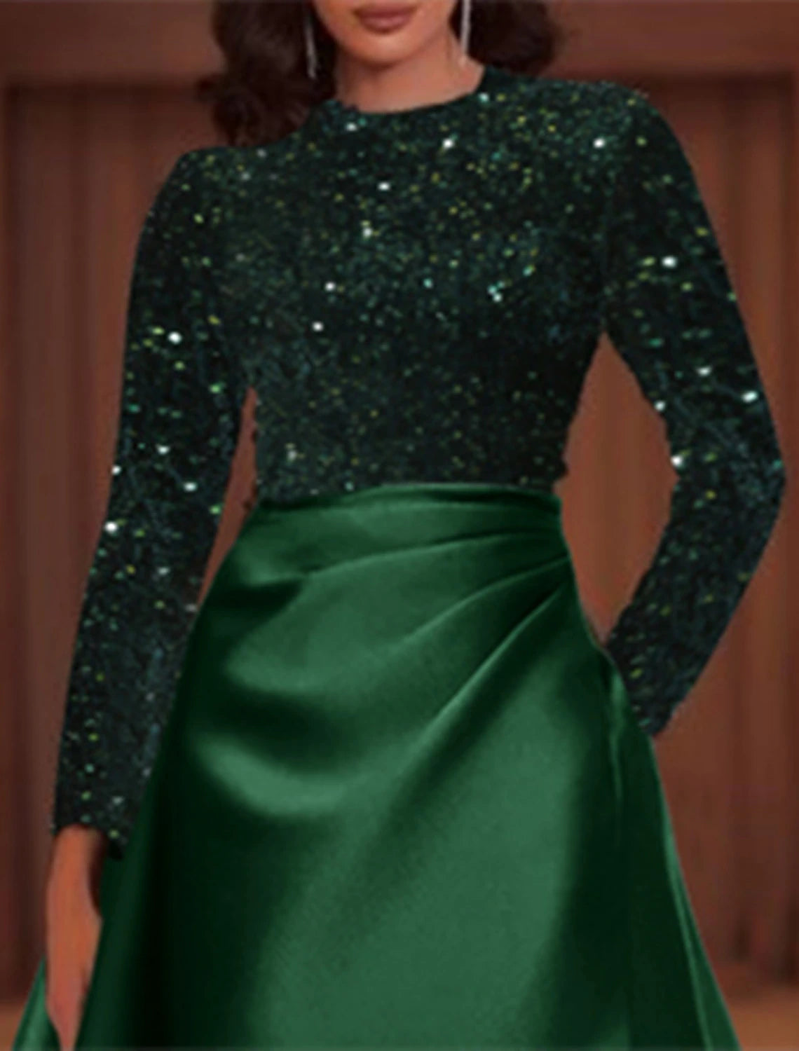 Abito da sera a trapezio, elegante, rosso e verde, per invitati a nozze, lungo fino al pavimento, con maniche lunghe, scollo gioiello, tasca in raso con paillettes 2025