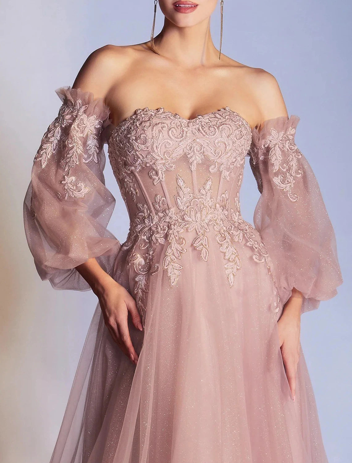 Dusty Rose Off-the-Shoulder Tulle A-Line Floor-Length Gown with Lace Appliques
