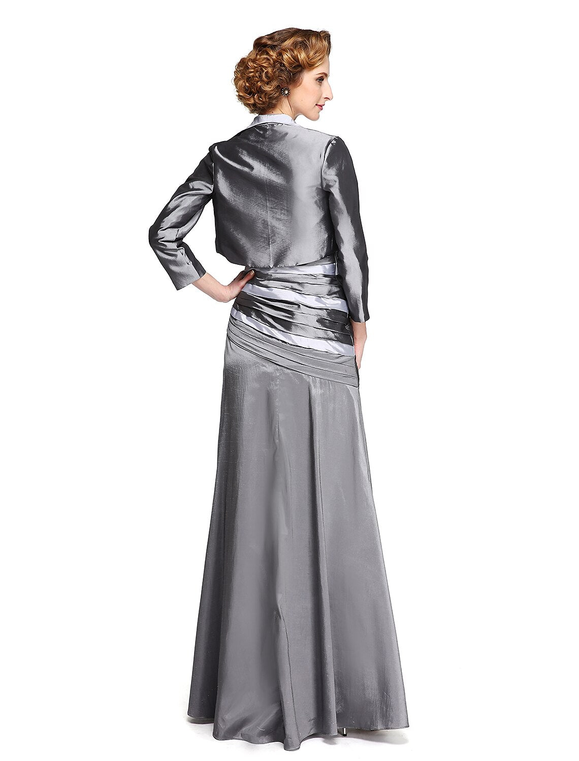 Abito da madre della sposa a trapezio, due pezzi, spalline, lunghezza alla caviglia, in raso, senza maniche, con drappeggio di perline