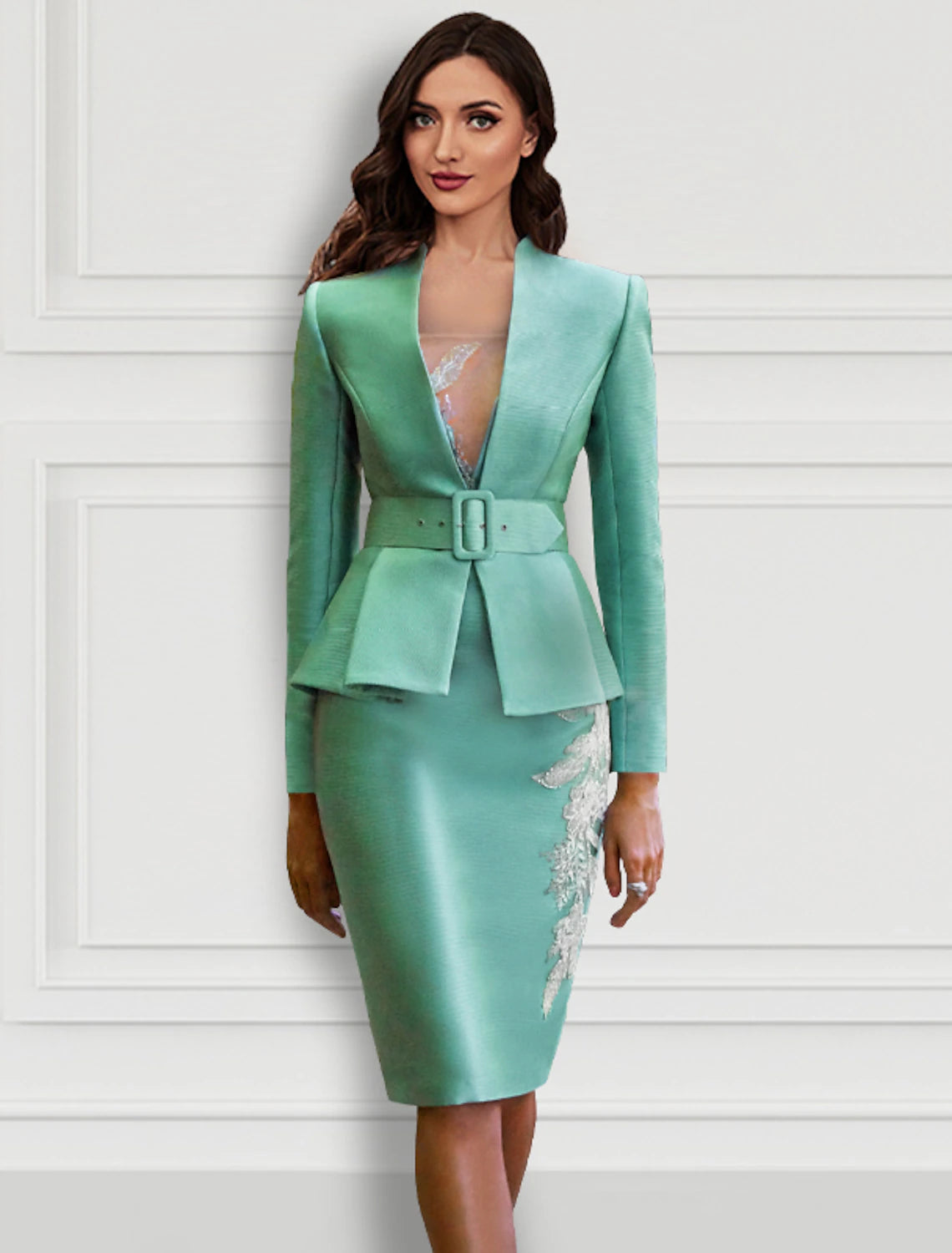 Vestido de cóctel de dos piezas, floral, formal, largo hasta la rodilla, manga larga, escote en V, cinturón/faja, satén con apliques.