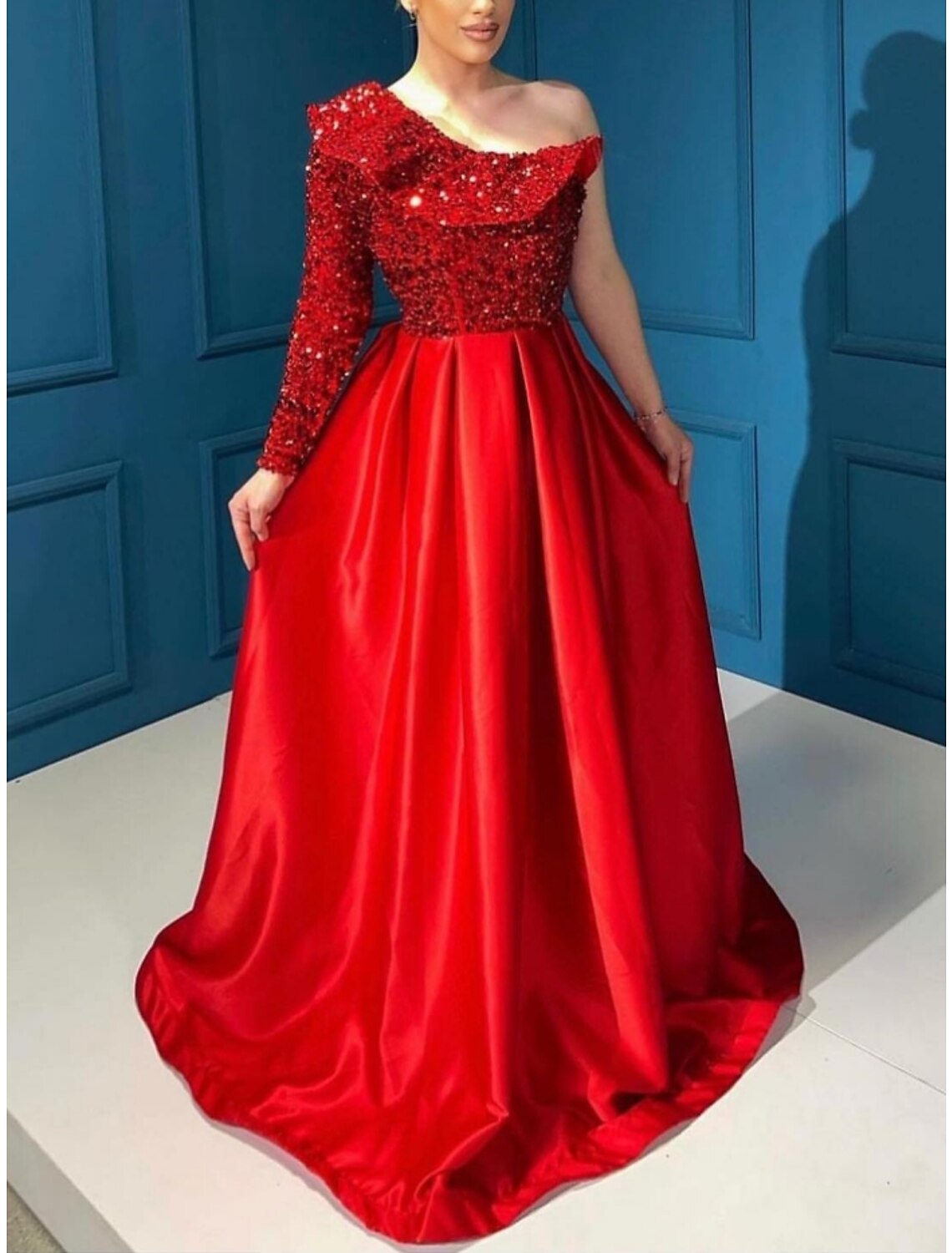 A-Line Evening Gown Party Dress Formal Sweep / Brush Train Christmas Red Green Dress Long Sleeve One Shoulder Sequined with Glitter Pleats Ruffles