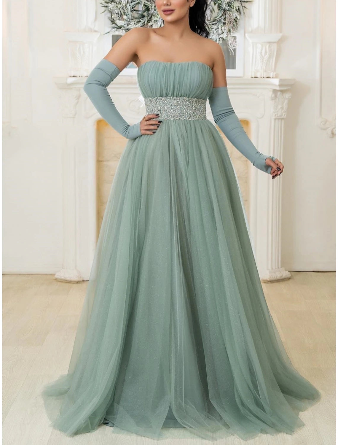 A-Line Prom Dresses Elegant Dress Formal Sweep / Brush Train Christmas Red Green Dress Long Sleeve Strapless Tulle with Bow(s) Pleats Sequin 2025