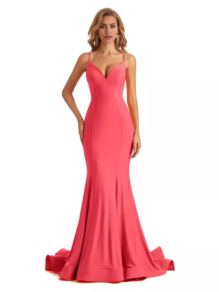 Vestido de dama de honor largo, formal, sin mangas, con escote en V y tirantes finos, de sirena, sexy