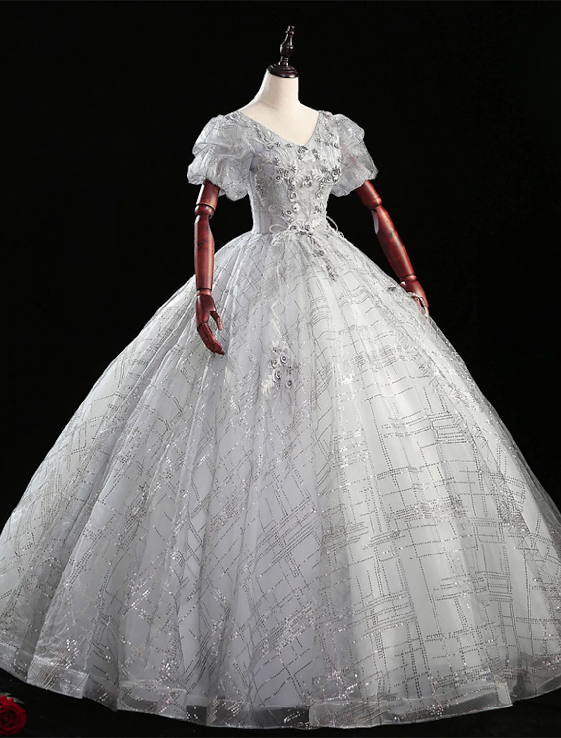 Vestido de quinceañera de princesa, largo hasta el suelo, manga corta, cuello en V, poliéster con cuentas.