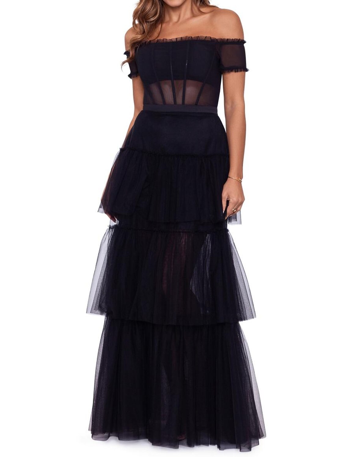 Black Off-the-Shoulder Tulle A-Line Floor-Length Evening Dress