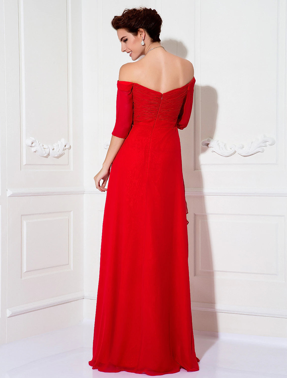 Coral Chiffon A-Line Off-the-Shoulder Floor-Length Bridesmaid Dress with Ruched Bodice