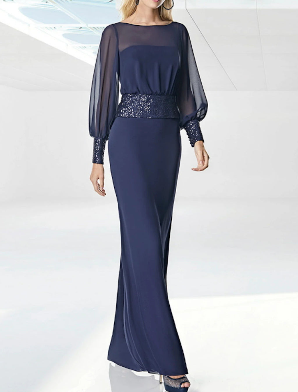 Vestido de Madre de la Novia con Corte Vaina/Columna para Invitadas de Boda Elegante Cuello Joya Largo hasta el Suelo Gasa Lentejuelas Manga Larga con Faja/Cinta