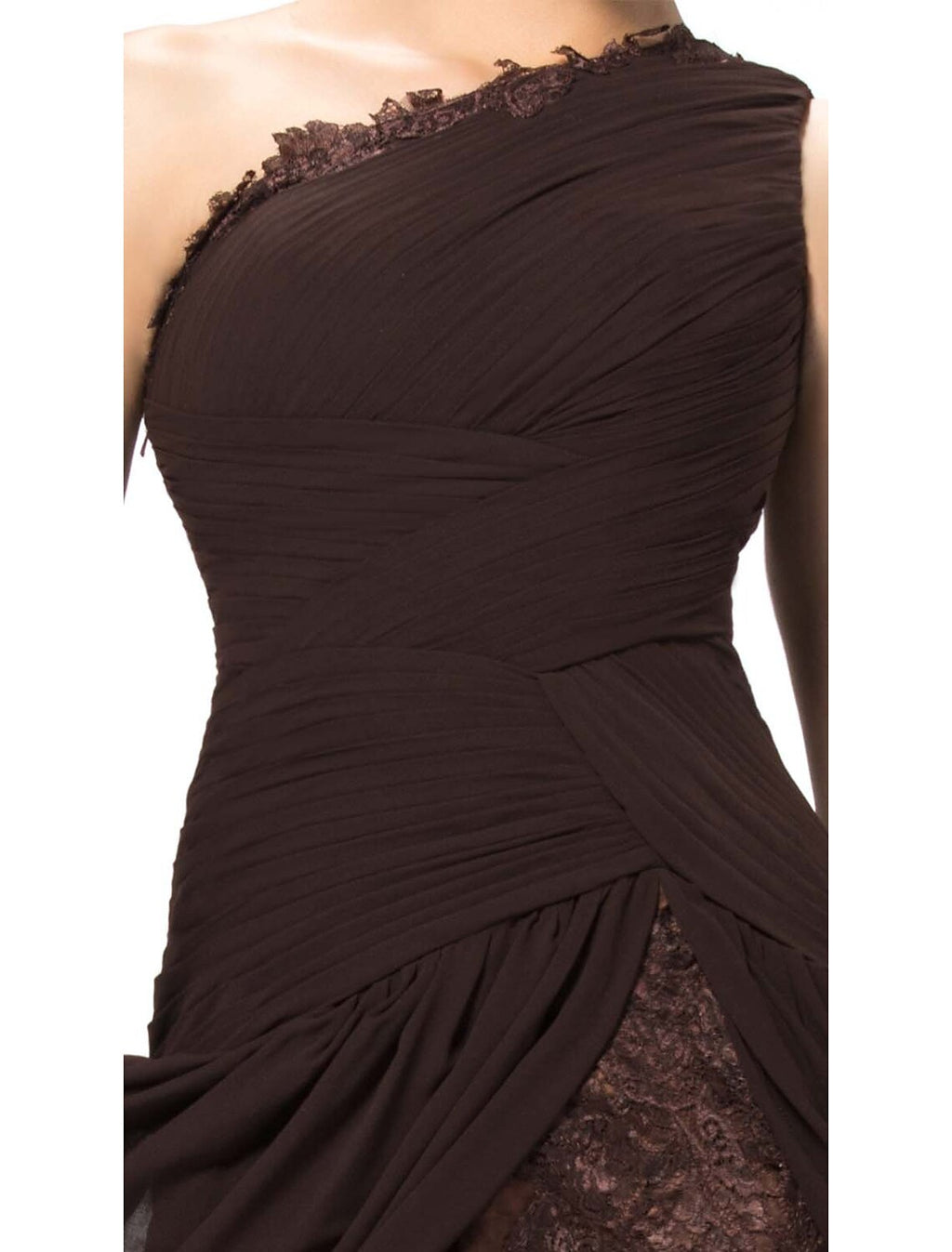 Espresso Chiffon A-Line One Shoulder Floor-Length Evening Dress with Draped Bodice and High Slit