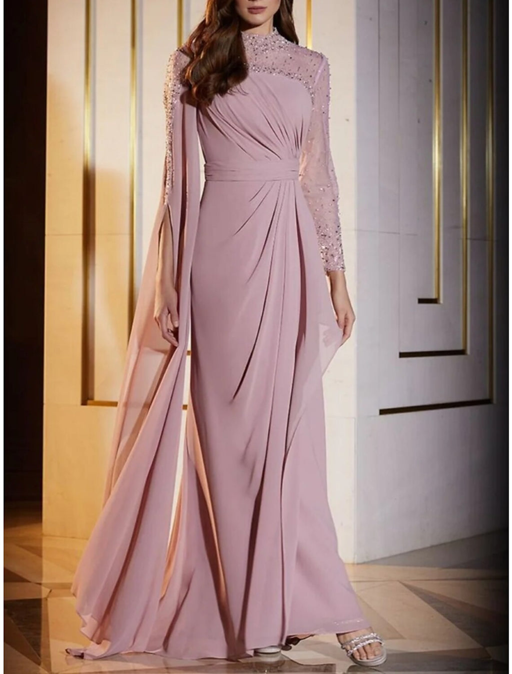 Dusty Rose Chiffon A-Line Floor-Length Evening Gown with Embellished High Neck