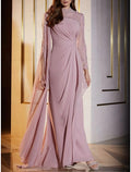 Dusty Rose Chiffon A-Line Floor-Length Evening Gown with Embellished High Neck