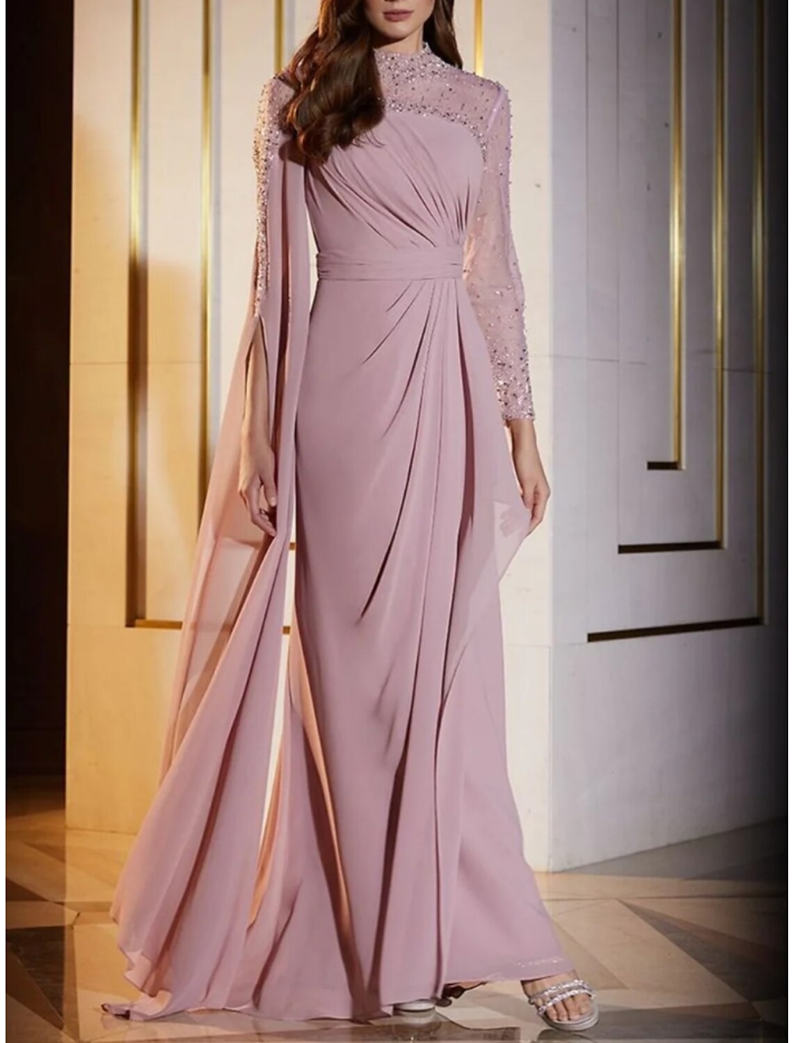 Dusty Rose Chiffon A-Line Floor-Length Evening Gown with Embellished High Neck