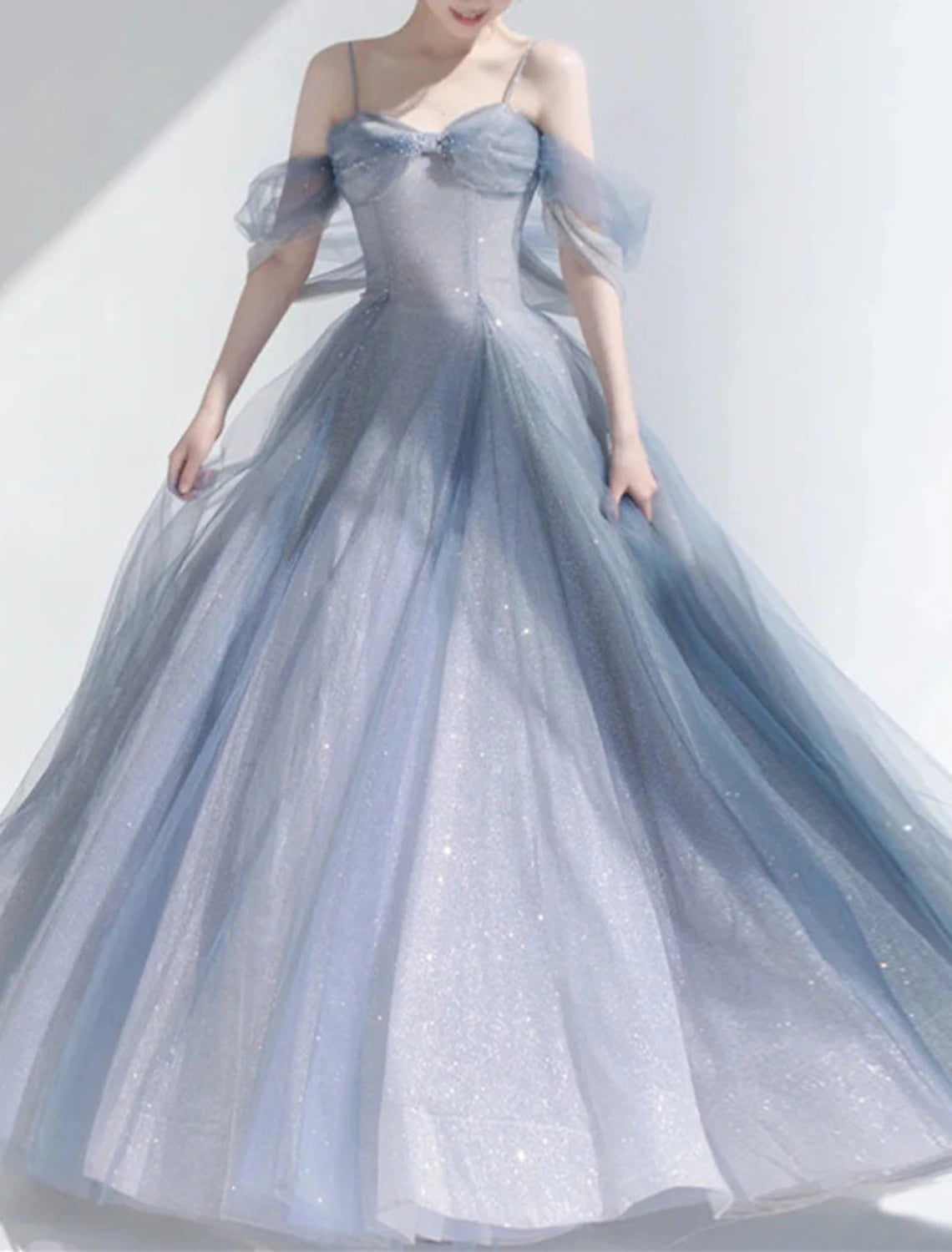 Vestido de fiesta con pedrería, para invitados de boda, graduación, largo hasta el suelo, sin mangas, hombros descubiertos, de tul con purpurina