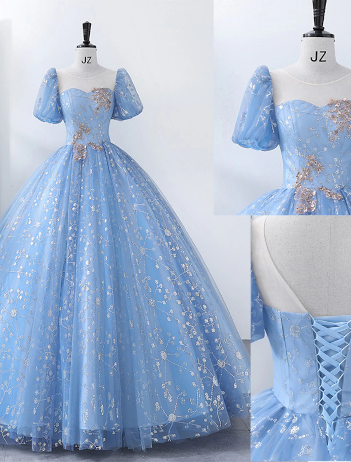 Vestido de quinceañera estilo princesa, largo hasta el suelo, manga corta, escote cuadrado, poliéster con apliques de perlas.
