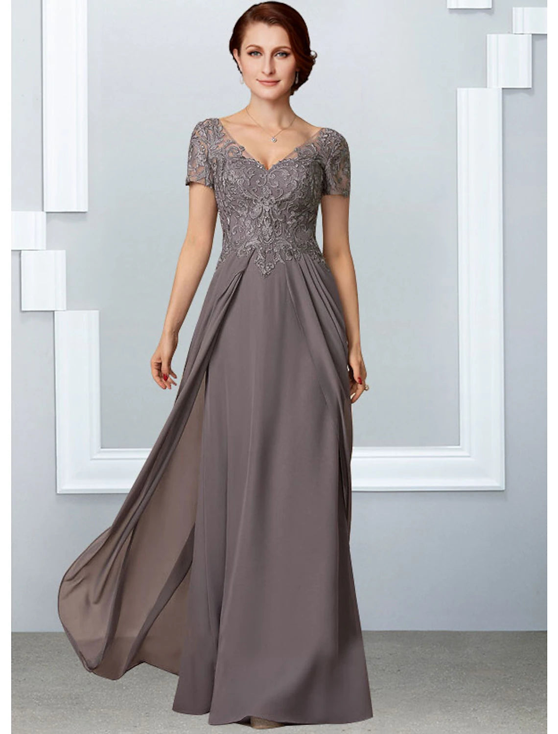 Grey Chiffon A-Line Floor-Length Evening Dress with V-Neck Lace Bodice and Front Slit