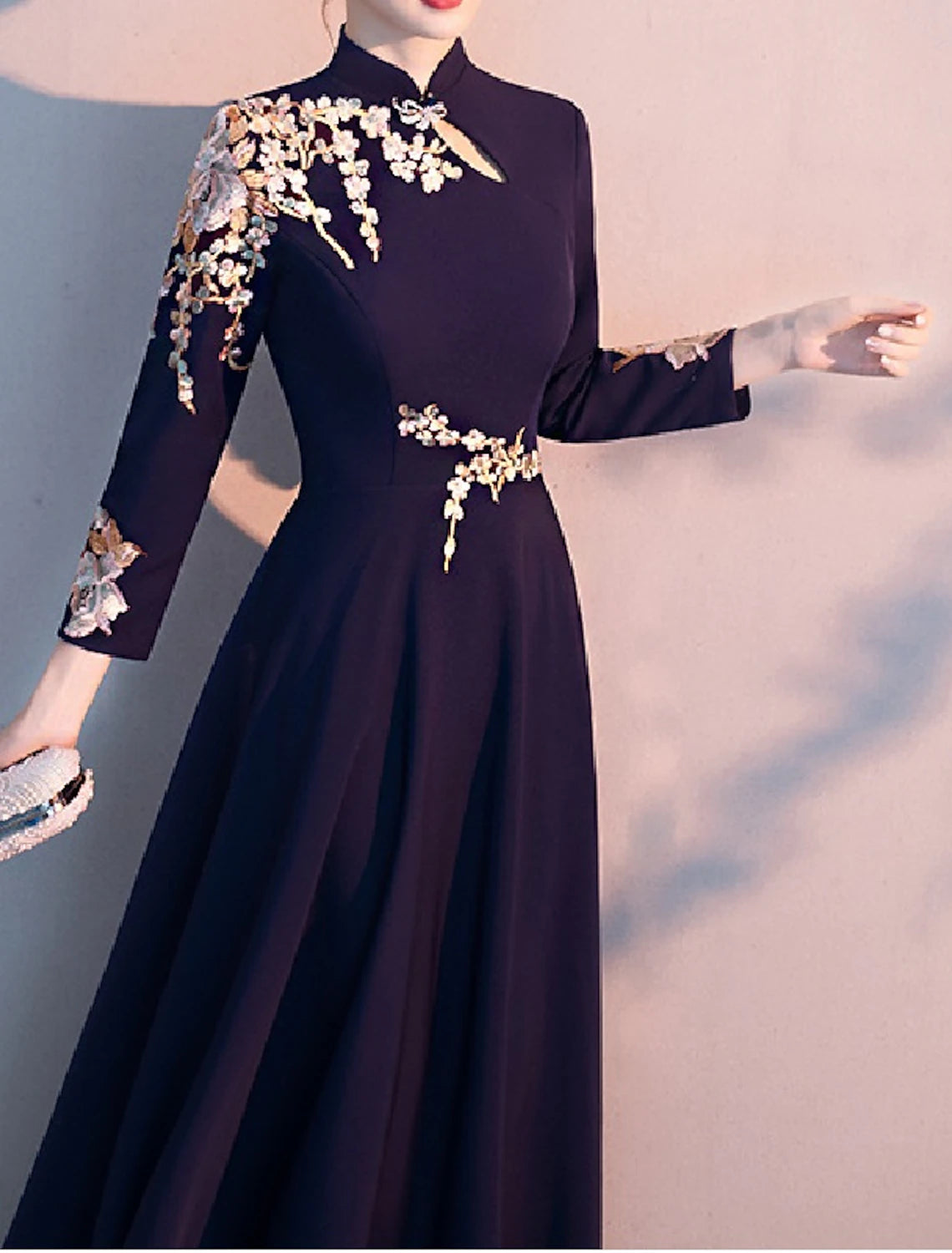 A-Line Mother of the Bride Dress Elegant Simple High Neck Floor Length  Fabric Long Sleeve with Pleats Appliques