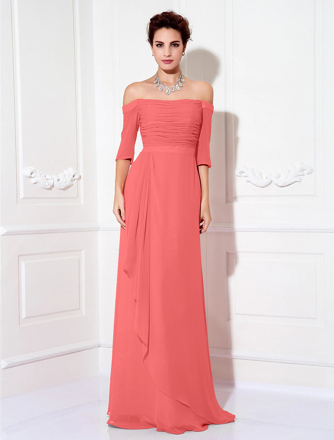 Coral Chiffon A-Line Off-the-Shoulder Floor-Length Bridesmaid Dress with Ruched Bodice