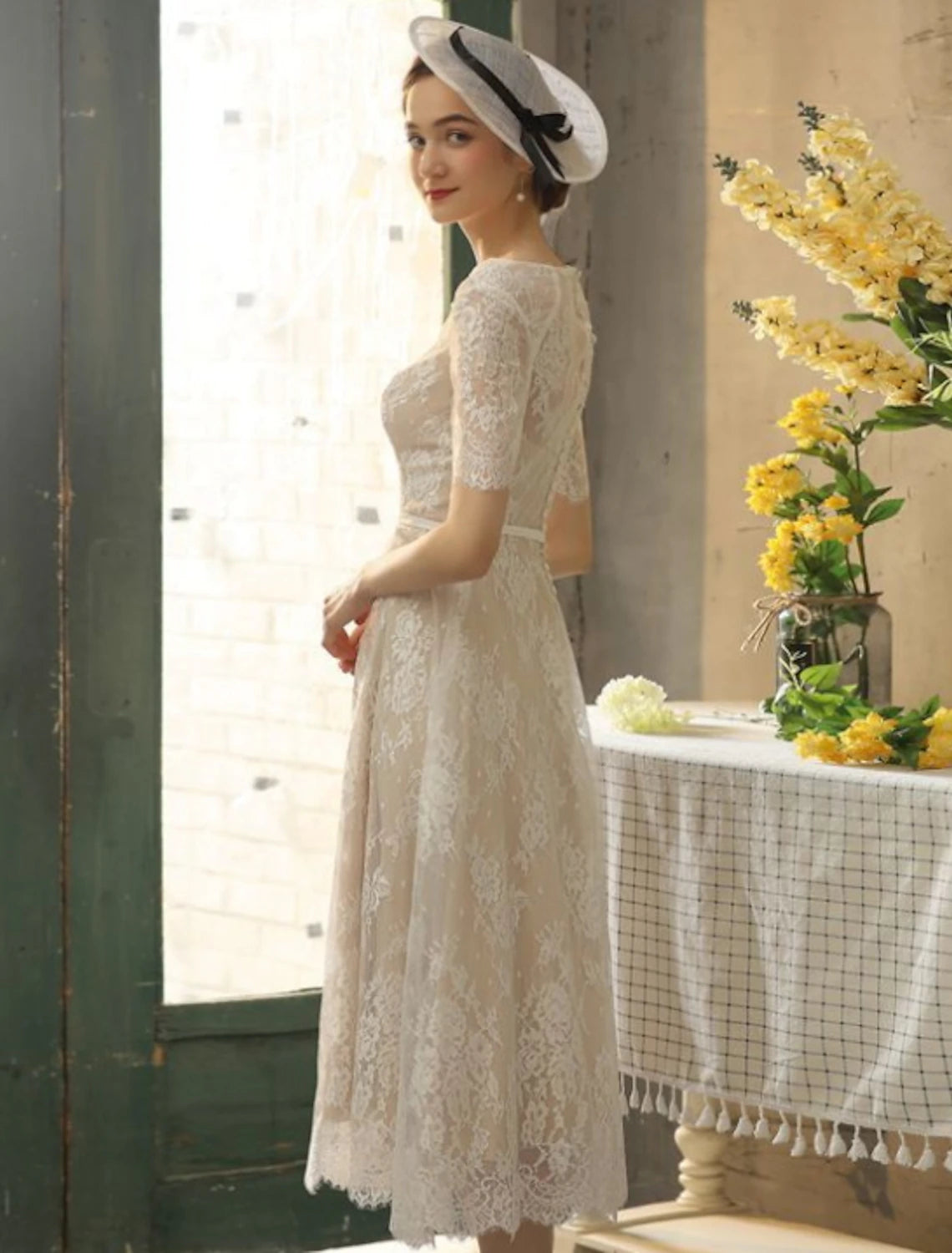 Ivory Lace Tea-Length Bridesmaid Dress with Boat Neck & Back Zip