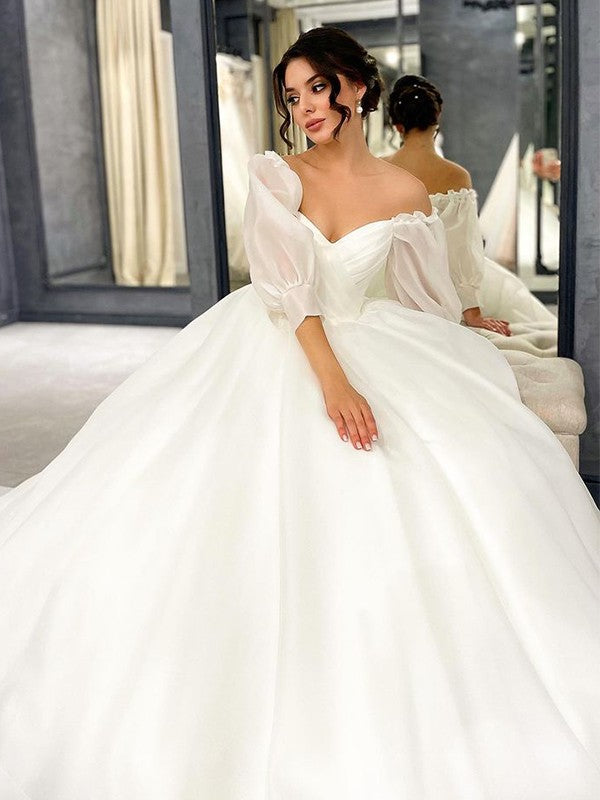 White Satin Chiffon Ball Gown Floor-Length Wedding Dress with Draped Sweetheart Neckline and Puff Sleeves