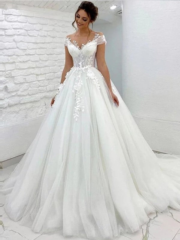 Vestidos de novia de corte A/princesa, con tul, encaje, escote redondo, mangas cortas y cola larga