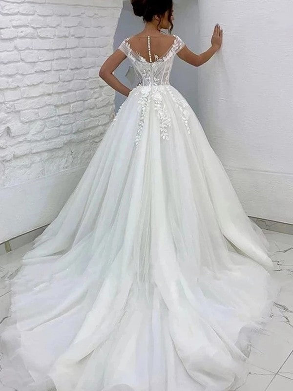 Vestidos de novia de corte A/princesa, con tul, encaje, escote redondo, mangas cortas y cola larga