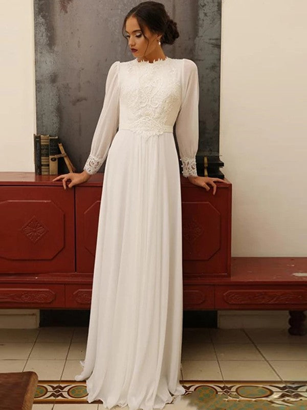 Abiti da sposa a trapezio/principessa in chiffon, pizzo, maniche lunghe e gioiello fino al pavimento