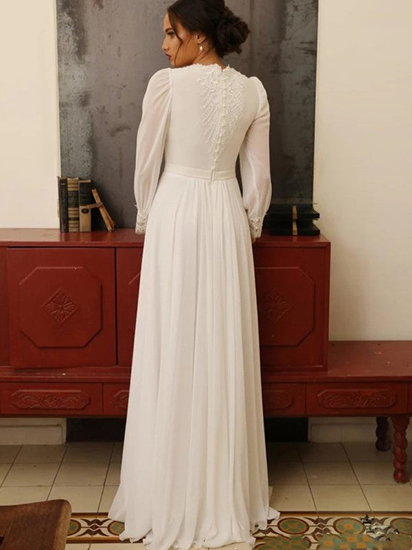Abiti da sposa a trapezio/principessa in chiffon, pizzo, maniche lunghe e gioiello fino al pavimento