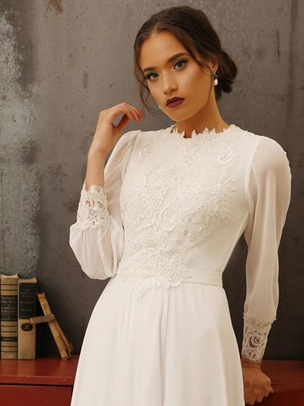 Abiti da sposa a trapezio/principessa in chiffon, pizzo, maniche lunghe e gioiello fino al pavimento