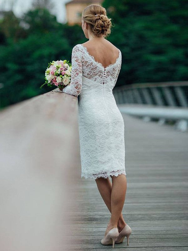 Vestidos de novia con escote tubo/columna, encaje, mangas largas y escote redondo hasta la rodilla