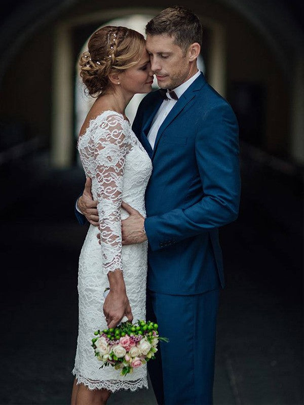Vestidos de novia con escote tubo/columna, encaje, mangas largas y escote redondo hasta la rodilla