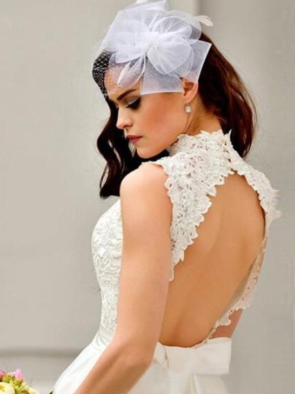 Vestidos de novia de corte A/princesa, de tul, encaje, cuello alto, sin mangas, hasta la rodilla