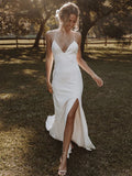 Ivory Satin Sheath Bridesmaid Dress with Deep V-Neck & High Slit