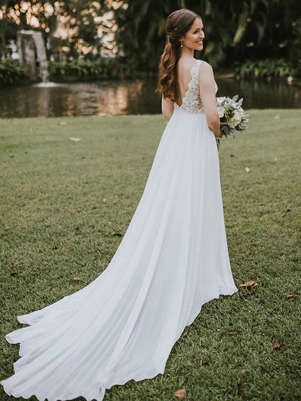 Vestidos de novia de corte A/princesa, de gasa, encaje, escote en V, sin mangas, con cola capilla