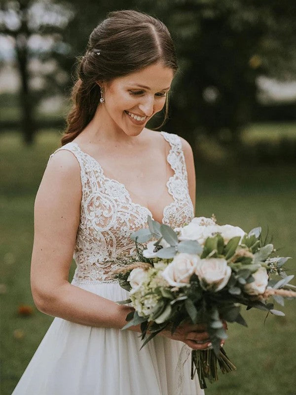 Vestidos de novia de corte A/princesa, de gasa, encaje, escote en V, sin mangas, con cola capilla
