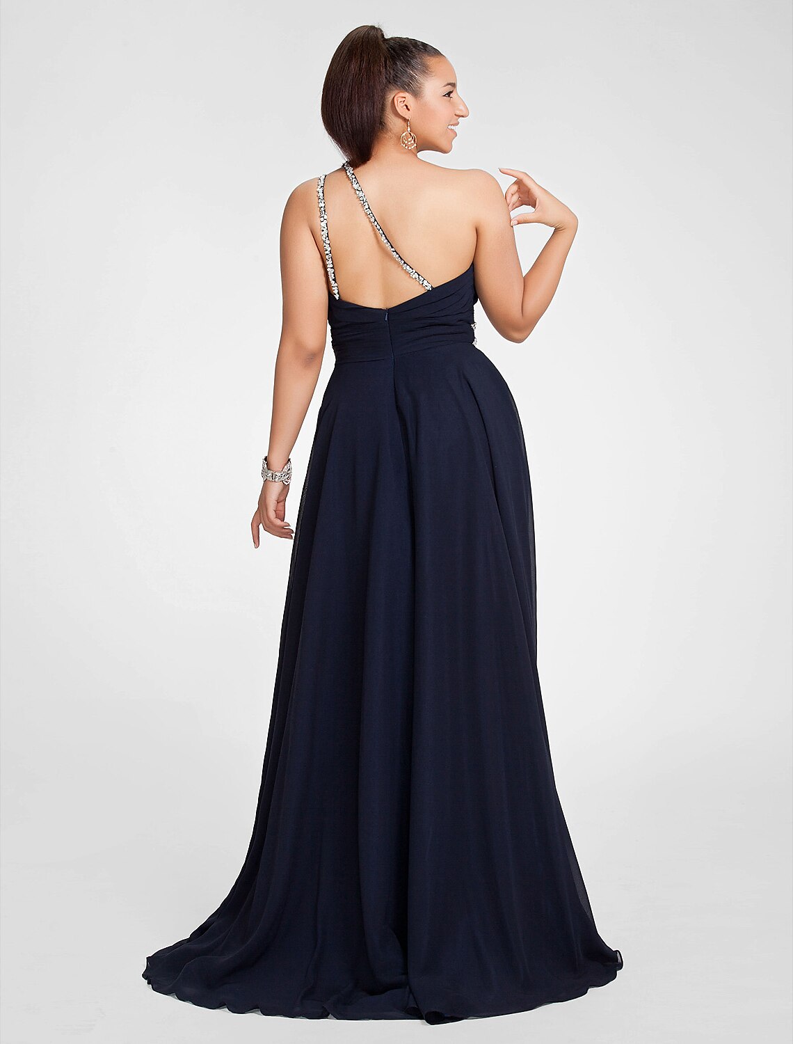 Dark Navy One Shoulder A-Line Chiffon Floor-Length Evening Dress