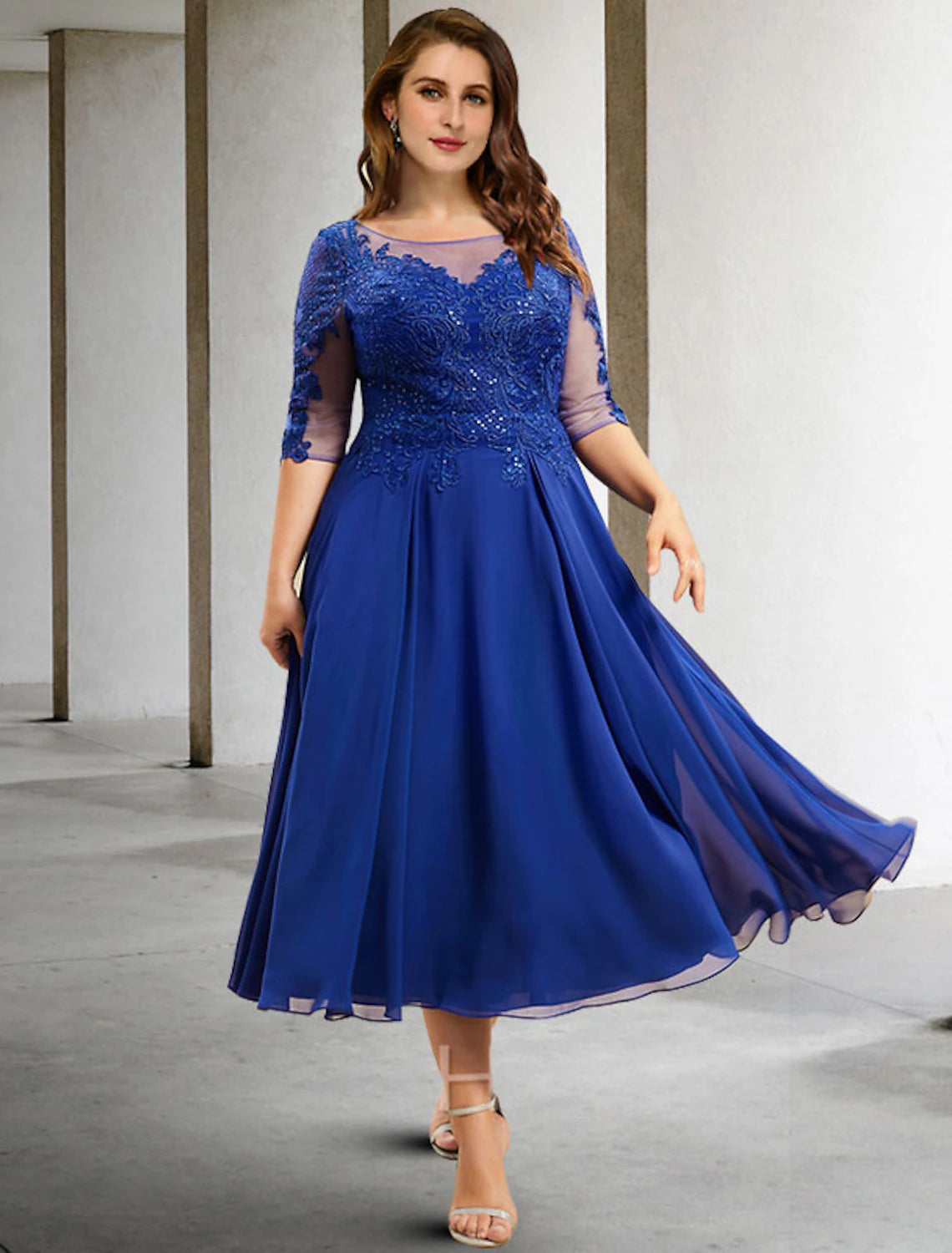 Royal Blue Chiffon A-Line Tea-Length Evening Dress with Illusion Lace Bodice