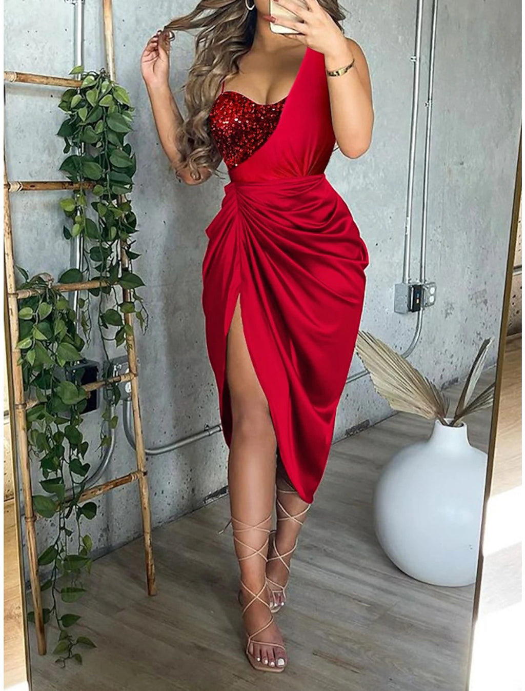 Red One Shoulder Sequin Satin Sheath Midi Dress