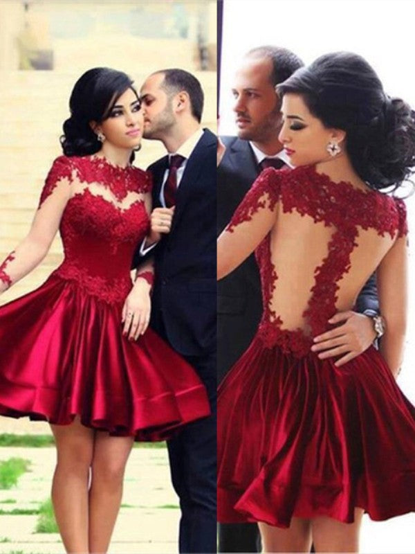 Vestidos cortos/mini de satén con cuello alto, manga larga y corte princesa