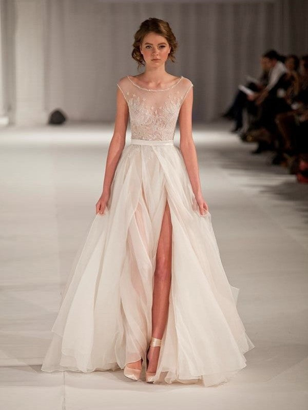 Ivory Tulle A-Line Floor-Length Bridesmaid Dress | Illusion Boat Neck