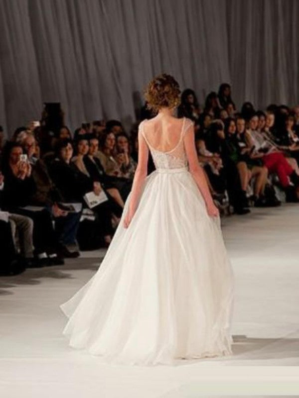 Ivory Tulle A-Line Floor-Length Bridesmaid Dress | Illusion Boat Neck