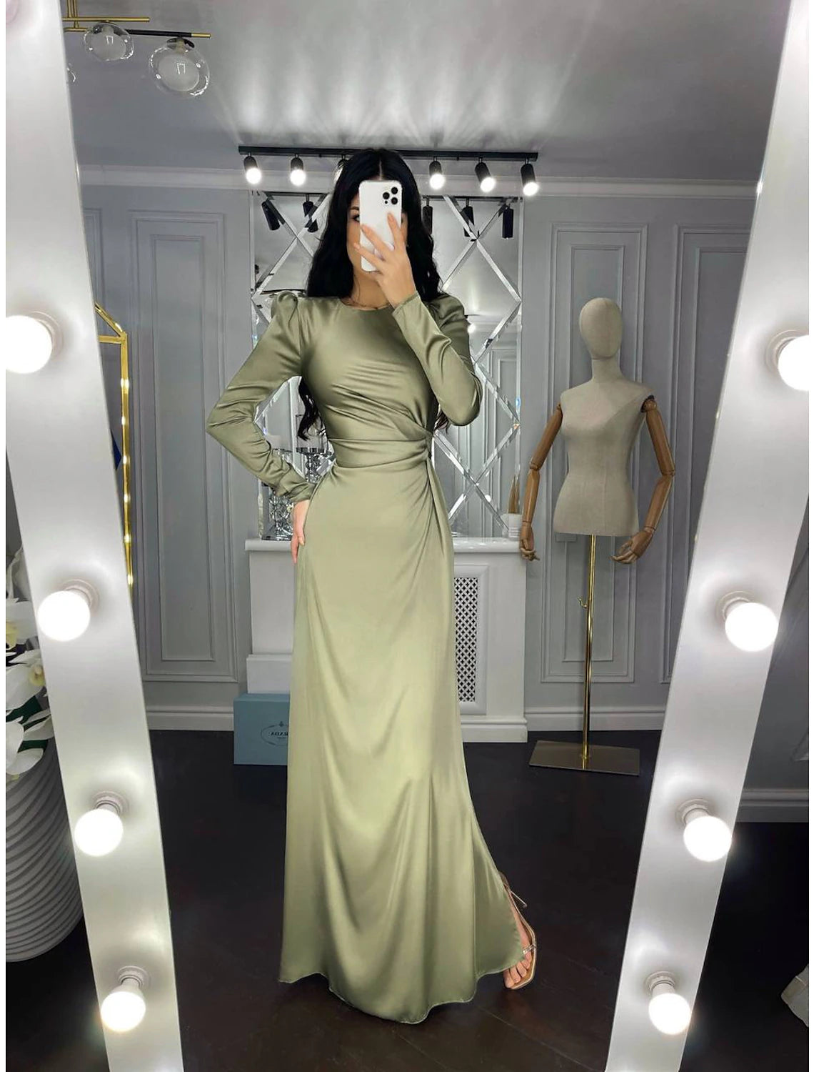 Olive Green Satin Sheath/column Floor-Length Dress with Scoop Neck and Draped Bodice